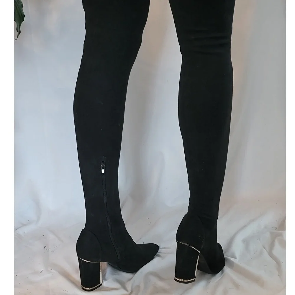 Bamboo Black‎ Faux Suede Over The Knee Boots Gold Trim Block Heel Pointed Toe 7
